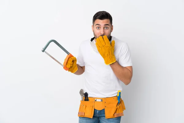 Artesãos Eletricista Homem Sobre Fundo Branco Isolado — Fotografia de Stock