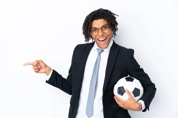 Soccer Coach Isolated White Background Surprised Pointing Finger Side — Stock Photo, Image