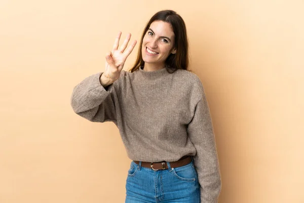 Joven Mujer Caucásica Sobre Fondo Aislado Feliz Contar Tres Con —  Fotos de Stock