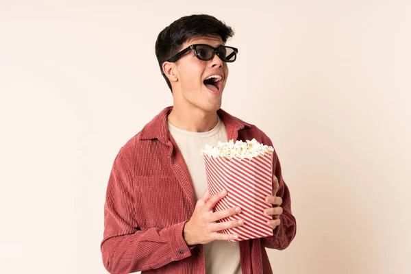 Handsome Man Isolated Background Glasses Holding Big Bucket Popcorns — Stock Photo, Image