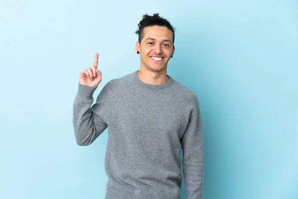 Caucasian Man Isolated Background Showing Lifting Finger Sign Best — Stock Photo, Image