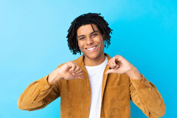 Young African American Man Corduroy Jacket Isolated Blue Background Proud — Stock Photo, Image