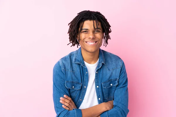 Young African American Man Jean Shirt Isolated Pink Background Laughing — 图库照片