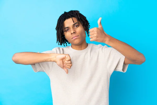 Young African American Man Isolated Blue Background Making Good Bad — Stock Photo, Image