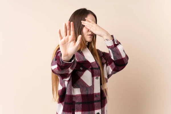 Young Caucasian Woman Isolated Beige Background Making Stop Gesture Covering — Stock Photo, Image