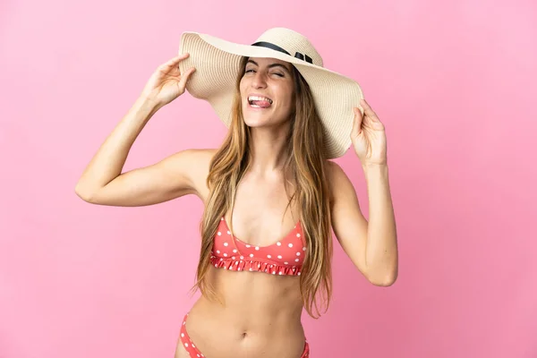 Junge Blonde Frau Über Isoliertem Rosa Hintergrund Glücklich Badeanzug Den — Stockfoto