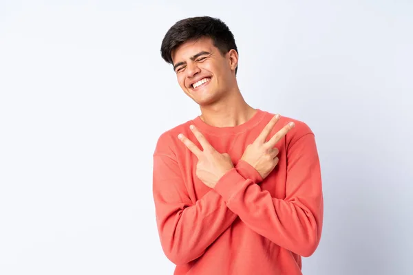 Handsome Man Isolated Blue Background Smiling Showing Victory Sign — Stock Photo, Image