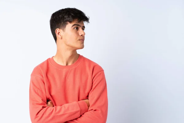 Handsome Man Isolated Blue Background Looking Side — Stock Photo, Image