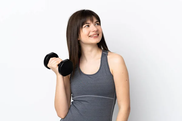Ukrainian Sport Girl Making Weightlifting Isolated Blue Background Looking While — Stock Photo, Image