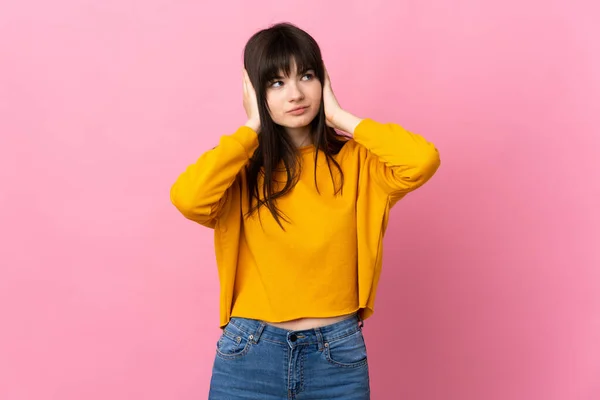 Young Ukrainian Woman Isolated Pink Background Frustrated Covering Ears — Stock Photo, Image