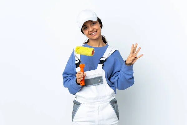 Schilder Vrouw Geïsoleerde Witte Achtergrond Gelukkig Tellen Van Vier Met — Stockfoto