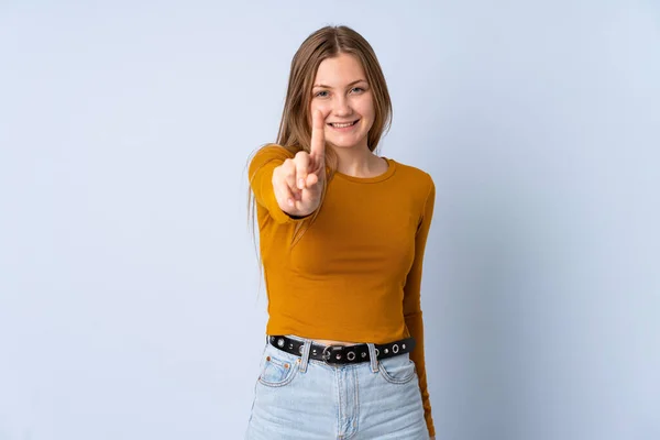 Teenager Ukrainian Girl Isolated Blue Background Showing Lifting Finger — Stock Photo, Image