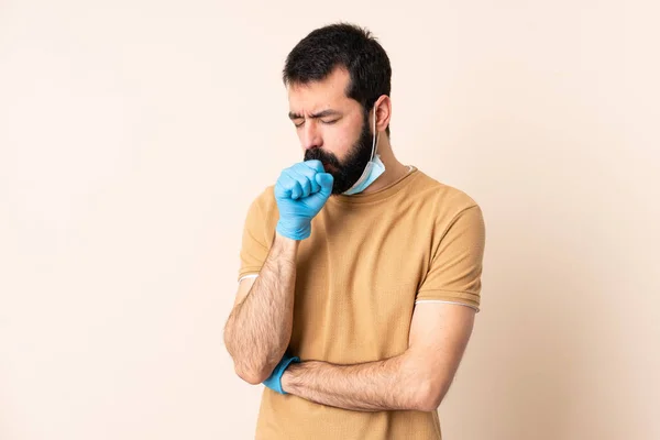 Kaukasischer Mann Mit Bart Der Sich Mit Maske Und Handschuhen — Stockfoto