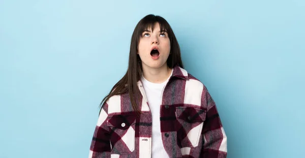 Teenager Ukrainian Girl Isolated Blue Background Looking Surprised Expression — Stock Photo, Image