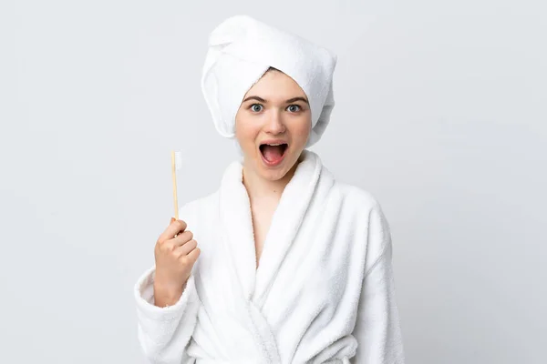 Young Woman Bathrobe Holding Toothbrush Surprise Shocked Facial Expression — Stock Photo, Image