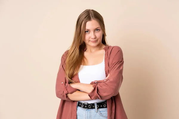 Adolescente Ucraniano Chica Aislado Beige Fondo Sentirse Molesto —  Fotos de Stock