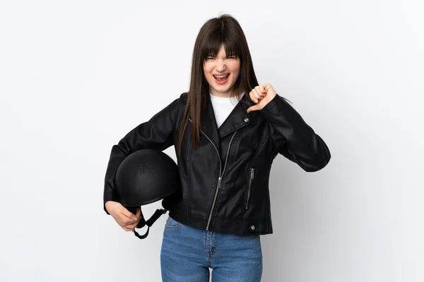 Woman Holding Motorcycle Helmet Isolated White Background Proud Self Satisfied — Stock Photo, Image