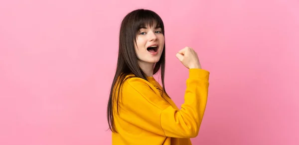Young Ukrainian Woman Isolated Pink Background Doing Strong Gesture — Stock Photo, Image