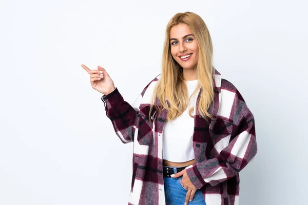 Ung Uruguayansk Blond Kvinna Över Isolerad Vit Bakgrund Peka Finger — Stockfoto