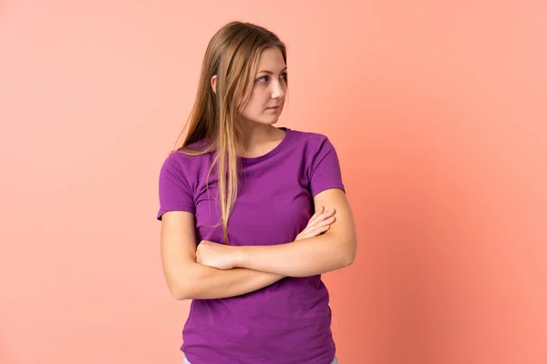 Teenager Ukrainian Girl Isolated Pink Background Keeping Arms Crossed — Stock Photo, Image