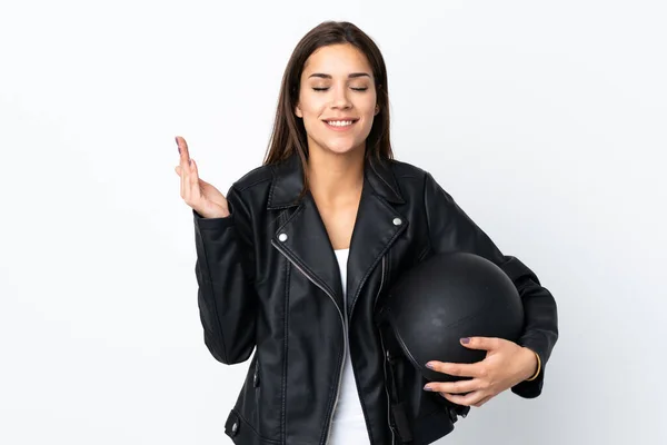 Caucásica Chica Sosteniendo Casco Motocicleta Sobre Fondo Blanco Riendo — Foto de Stock