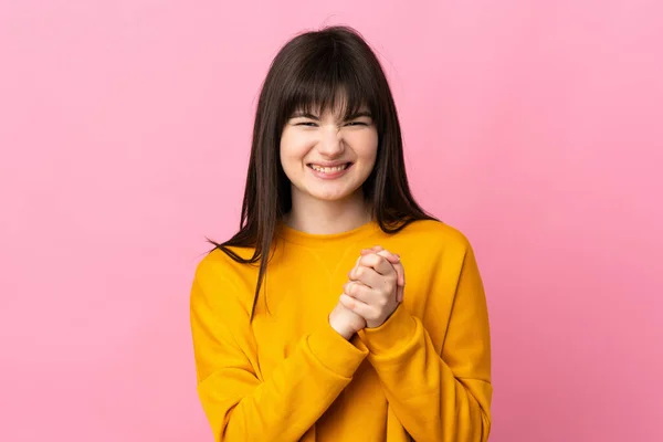 Young Ukrainian Woman Isolated Pink Background Laughing — Stock Photo, Image