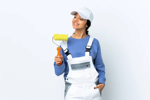Painter Woman Isolated White Background Looking Side — Stock Photo, Image