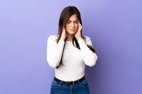 Teenager Brasilianisches Mädchen Über Isolierten Lila Hintergrund Mit Kopfschmerzen — Stockfoto