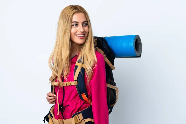 Young Mountaineer Woman Big Backpack Isolated White Background — Stock Photo, Image