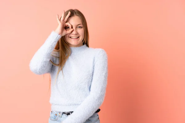 Teenager Ukrainian Girl Isolated Pink Background Showing Sign Fingers — Stock Photo, Image