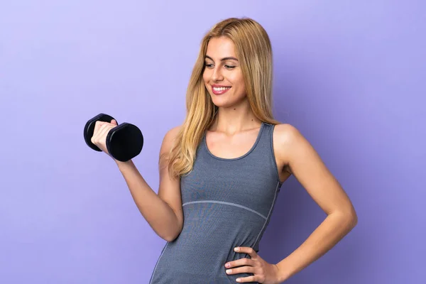 Young Blonde Sport Woman Making Weightlifting Isolated Purple Background Happy — Stock Photo, Image