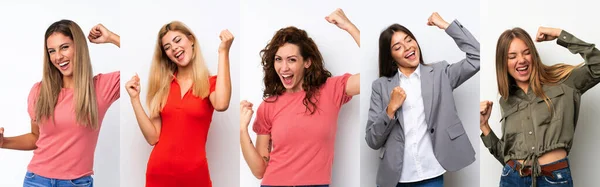 Set Giovani Donne Sfondo Bianco Che Celebrano Una Vittoria — Foto Stock