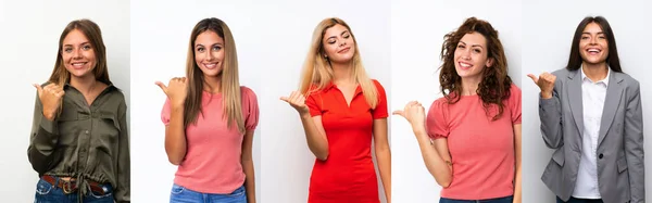 Set Junger Frauen Auf Weißem Hintergrund Die Zur Seite Zeigen — Stockfoto