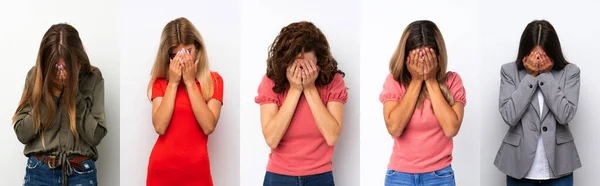 Ensemble Jeunes Femmes Sur Fond Blanc Avec Une Expression Fatiguée — Photo