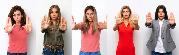 Conjunto Mujeres Jóvenes Sobre Fondo Blanco Haciendo Stop Gesture Decepcionado — Foto de Stock