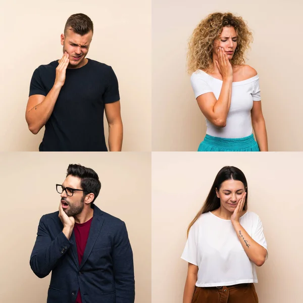 İzole edilmiş arka planda diş ağrısı olan bir grup insan