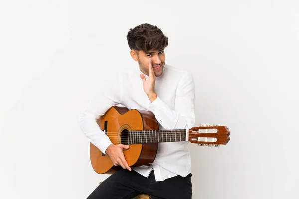 Young Handsome Man Guitar Isolated White Background Whispering Something — Stock Photo, Image