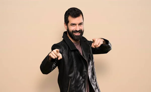 Handsome Man Beard Points Finger You While Smiling — Stock Photo, Image