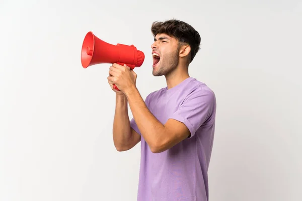 Young Handsome Man Isolated White Background Shouting Megaphone — Stock Photo, Image