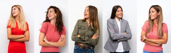 Conjunto Mujeres Jóvenes Sobre Fondo Blanco Feliz Sonriente — Foto de Stock