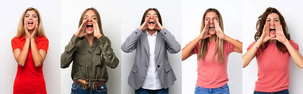 Conjunto Mujeres Jóvenes Sobre Fondo Blanco Gritando Anunciando Algo —  Fotos de Stock