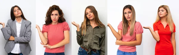 Conjunto Mujeres Jóvenes Sobre Fondo Blanco Infeliz Por Entender Algo —  Fotos de Stock