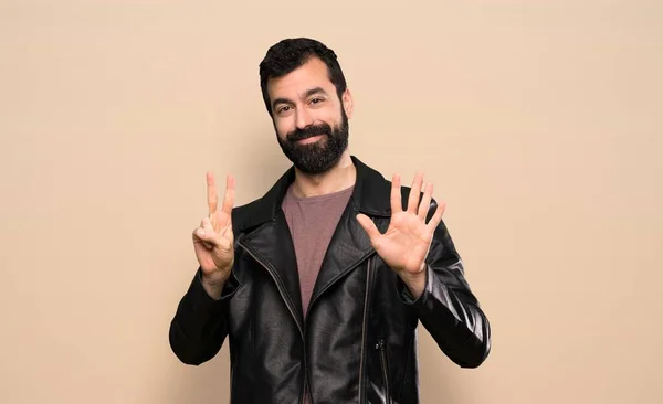 Handsome Man Beard Counting Seven Fingers — Stock Photo, Image