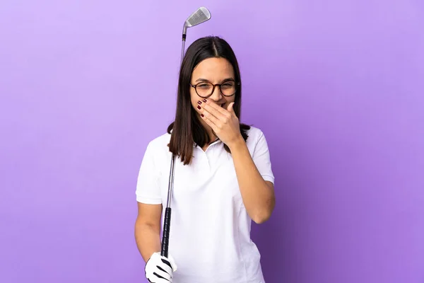 Young Golfer Woman Isolated Colorful Background Happy Smiling Covering Mouth — Stock Photo, Image
