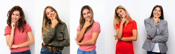 Conjunto Mulheres Jovens Sobre Fundo Branco Sorrindo — Fotografia de Stock