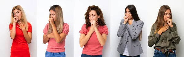 Conjunto Mulheres Jovens Sobre Fundo Branco Está Sofrendo Com Tosse — Fotografia de Stock