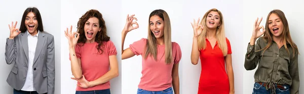 Set of young women over white background surprised and showing ok sign