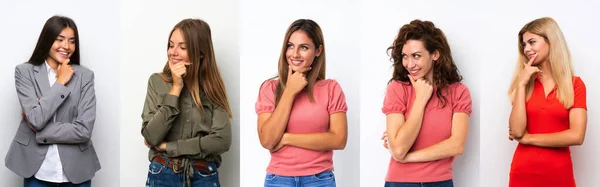 Set Van Jonge Vrouwen Witte Achtergrond Kijken Naar Zijkant — Stockfoto