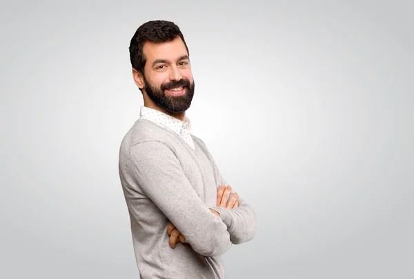 Handsome Man Arms Crossed Looking Forward Isolated Grey Background — Stock Photo, Image