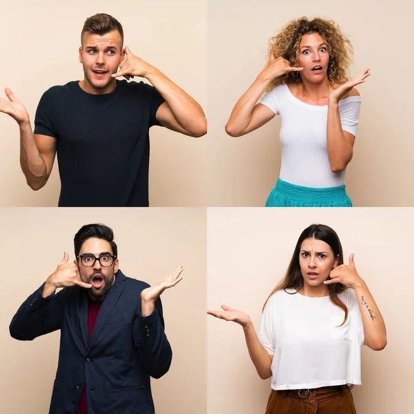 Gruppe Von Menschen Mit Isoliertem Hintergrund Die Telefongesten Machen Und — Stockfoto